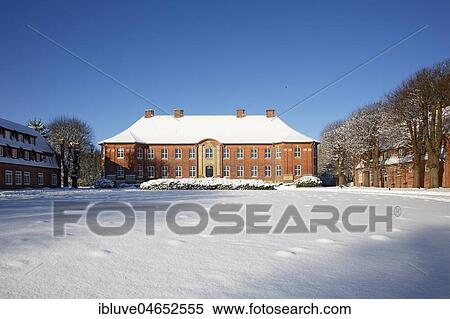 Stock Photography - Manor house, Gut Borstel in winter with snow, Research Centre, Borstel, Schleswig-Holstein, Germany, Europe. Fotosearch