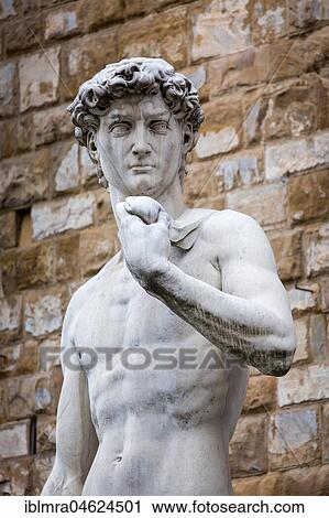 Stock Image - Marble statue David by Michelangelo in front of Palazzo Vecchio, Piazza della Signoria, Florence, Italy, Europe. Fotosearch