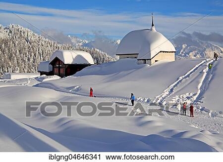 Stock Image - Maria zum Schnee chapel in the snow in the village centre, Bettmeralp, Aletsch area, Upper Valais, Valais, Switzerland, Europe. Fotosearch