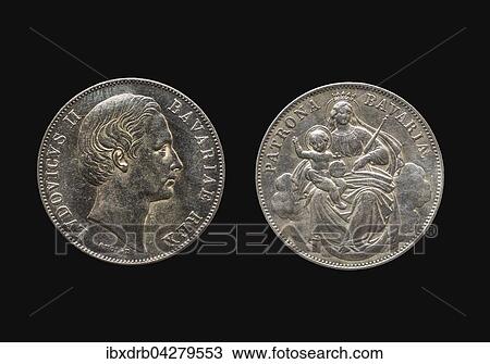 Stock Image - Marientaler, Ludwig II., um 1860, Silbermunze, Vorderseite und Ruckseite, Bayern, Deutscher Bund. Fotosearch