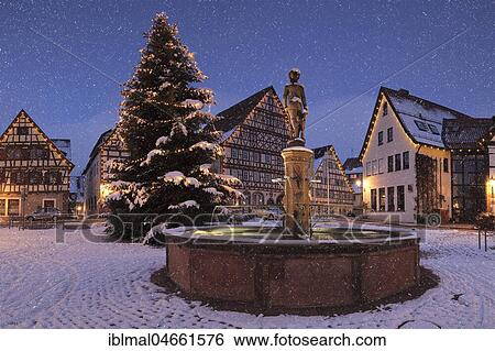 Stock Photograph - Market place with town hall and historic half-timbered houses at Christmas time, Dornstetten, Black Forest, Baden-Württemberg, Germany, Europe. Fotosearch