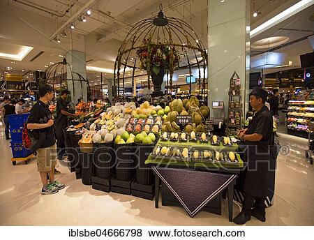 Stock Photo - Market stall with fruits at the Gourmet Market, Siam Paragon Shopping Centre, Pathum Wan District, Bangkok, Thailand, Asia. Fotosearch