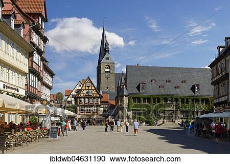 Stock Image - Market with town hall and towers of the market church, Quedlinburg, Saxony-Anhalt, Germany, Europe. Fotosearch
