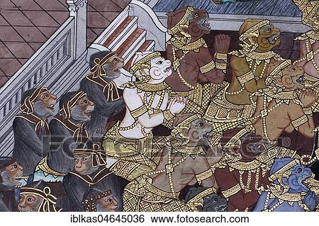 Stock Photograph - Monkey King Hanuman, figures from Ramakia, walls in Wat Phra Kaeo, Ko Ratanakosin, Bangkok, Thailand, Asia. Fotosearch