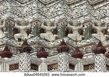 Stock Image - Monkeys as caryatids, figures from Ramacia, detail of the big prang, Wat Arun, Dawn Temple, Bangkok Yai, Bangkok, Thailand, Asia. Fotosearch
