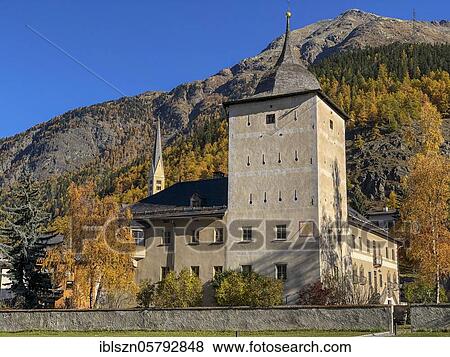 Stock Photo - National Park Centre and Planta-Wildenberg Castle, Zernez, Engadin, Grisons, Switzerland, Europe. Fotosearch
