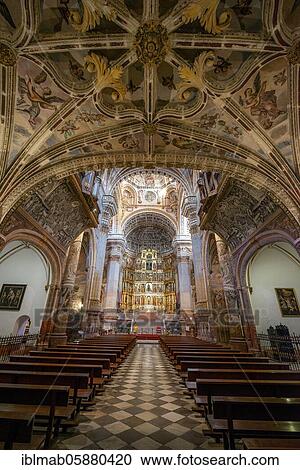 Stock Image - Nave, interior, ornamental ceiling, Renaissance church and monastery, Monasterio de San Jerónimo, Granada, Andalusia, Spain, Europe. Fotosearch