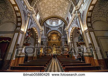 Stock Photograph - Nave with chancel, ceiling decorated with gold and ornaments, Parroquia de Santos Justo y Pastor, Granada, Andalusia, Spain, Europe. Fotosearch