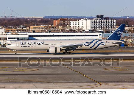 Picture - New York, United States, March 1, 2020: An Aeroflot Boeing 777-300ER aircraft with the registration VQ-BQG in the special SkyTeam livery at New York John F Kennedy (JFK) Airport in the United States, North America. Fotosearch