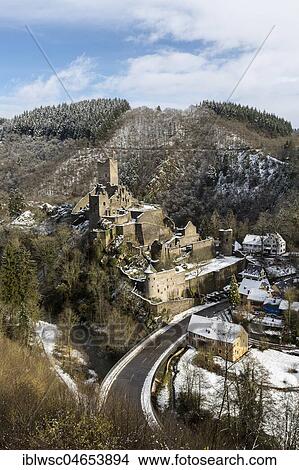 Picture - Niederburg castle in winter, Manderscheid, Volcanic Eifel, Rhineland-Palatinate, Germany, Europe. Fotosearch