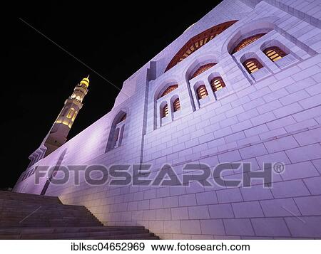 Night view of the Mohammed Al Ameen Mosque with minaret, illuminated, Muscat, Oman, Asia View Large Photo Image Stock Photo - Night view of the Mohammed Al Ameen Mosque with minaret, illuminated, Muscat, Oman, Asia. Fotosearch