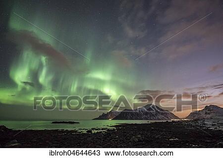 Northern Lights, Aurora Borealis, Haukland, Lofoten, Norway, Europe View Large Photo Image Stock Image - Northern Lights, Aurora Borealis, Haukland, Lofoten, Norway, Europe. Fotosearch