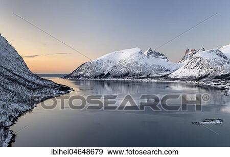 Stock Photo - Norwegian fjord at dusk, Bergspoten, Senja, Norway, Europe. Fotosearch