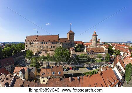 Stock Image - Nuremberg castle, double castle, emperor's castle on the left, burgrave's castle on the right, aerial view, old town, old town St. Sebald, Nuremberg, Central Franconia, Franconia, Bavaria, Germany, Europe. Fotosearch
