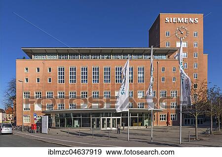 Stock Photo - Office building of the Siemens company, also called Himbeerpalast, Berlin style, built 1948-1953, Erlangen, Middle Franconia, Bavaria, Germany, Europe. Fotosearch