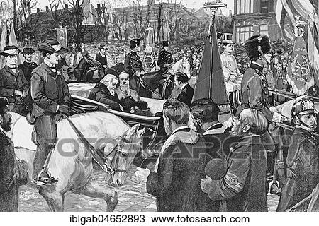 Stock Image - Official cortege of South African President Kruger leaving La Haye Railway Station during his visit to Netherlands, French weekly newspaper l'Illustration, 1st December 1900. Fotosearch