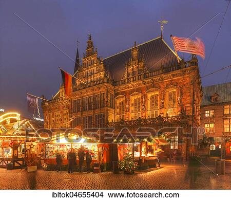 Old Town Hall and Christmas market on the Market Square at dusk, Bremen, Germany, Europe View Large Photo Image Picture - Old Town Hall and Christmas market on the Market Square at dusk, Bremen, Germany, Europe. Fotosearch