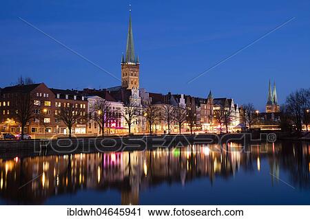 Old town on the Stadttrave, Untertrave, with church St. Petri and cathedral, twilight, blue hour, Lübeck, Schleswig-Holstein, Germany, Europe View Large Photo Image Stock Image - Old town on the Stadttrave, Untertrave, with church St. Petri and cathedral, twilight, blue hour, Lübeck, Schleswig-Holstein, Germany, Europe. Fotosearch