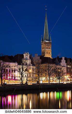 Old town on the Stadttrave, Untertrave, with church St. Petri, twilight, blue hour, Lübeck, Schleswig-Holstein, Germany, Europe View Large Photo Image Stock Photograph - Old town on the Stadttrave, Untertrave, with church St. Petri, twilight, blue hour, Lübeck, Schleswig-Holstein, Germany, Europe. Fotosearch