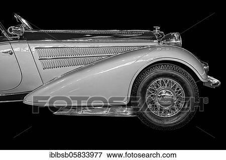 Stock Photo - Oldtimer Detail, Auto Union, HORCH 855 special roadster, in black and white. Fotosearch