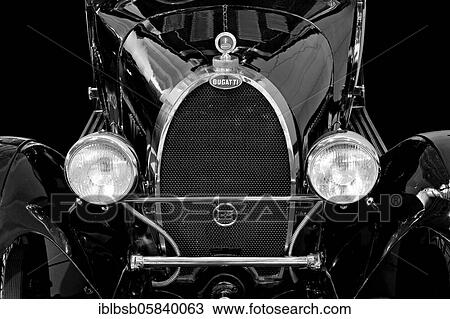 Stock Image - Oldtimer Detail, BUGATTI 40, in black and white. Fotosearch