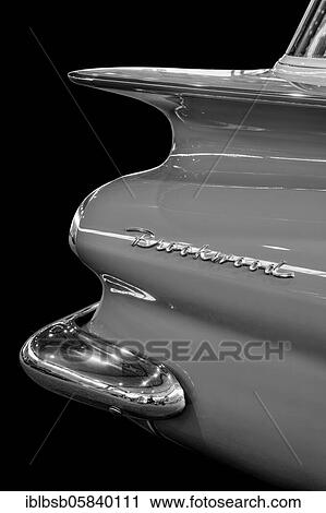 Stock Image - Oldtimer detail, Chevrolet Brookwood 1959, in black and white. Fotosearch