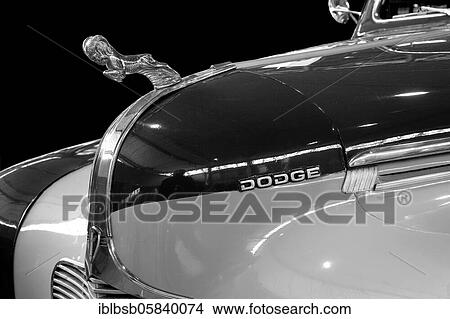 Picture - Oldtimer detail, Dodge D14, in black and white. Fotosearch