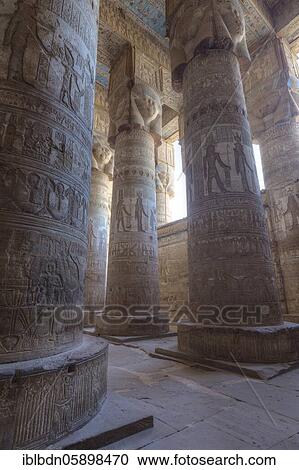 Stock Image - Outer hypostyle hall, temple of Hathor, Dendara, Egypt, Africa. Fotosearch