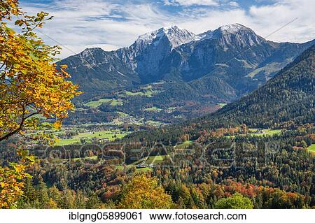 Stock Image - Overview of Schönau with Hoher Göll, Schönau am Königssee, Berchtesgadener Alps, Berchtesgadener Land, Upper Bavaria, Bavaria, Germany, Europe. Fotosearch