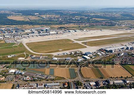 Stock Photograph - Overview Stuttgart Airport (STR) in Germany with terminals and trade fair, Stuttgart, Germany, Europe. Fotosearch