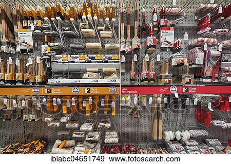 Stock Photo - Painter's utensils, brushes and rolls, hardware store, interior, Bavaria, Germany, Europe. Fotosearch