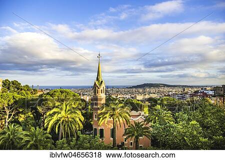 Stock Photo - Park Güell with a view of the city, by architect Antoni Gaudi, Barcelona, Catalonia, Spain, Europe. Fotosearch
