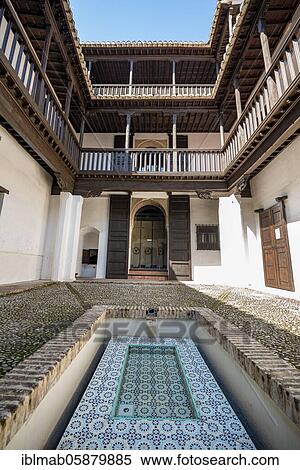 Stock Photography - Patio, Casa del Chapiz, School of Arabic Studies, old Moorish house, Dobla d'Oro, Granada, Andalusia, Spain, Europe. Fotosearch