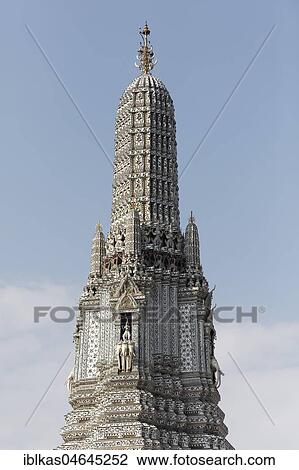 Phra Prang, central temple tower, with Hindu goddess figure Indra on elephant Erawan, Wat Arun, Temple of Dawn, Bangkok Yai, Bangkok, Thailand, Asia View Large Photo Image Stock Image - Phra Prang, central temple tower, with Hindu goddess figure Indra on elephant Erawan, Wat Arun, Temple of Dawn, Bangkok Yai, Bangkok, Thailand, Asia. Fotosearch