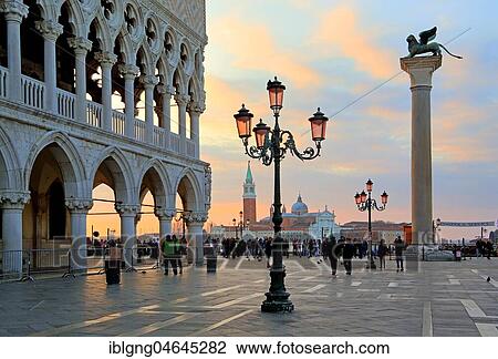 Stock Image - Piazzetta with Doge's Palace, rear of San Giorgio Island at sunrise, Venice, Italy, Europe. Fotosearch