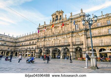 Stock Photo - Plaza Mayor square, Town Hall, Salamanca, Castile and Leon, Spain, Europe. Fotosearch