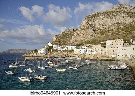 Stock Image - Port of Levanzo, Levanzo Island, Egadic Islands, Italy, Europe. Fotosearch