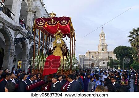 Picture - Procession on Palm Sunday at the Plaza de Armas, Arequipa, Peru, South America. Fotosearch