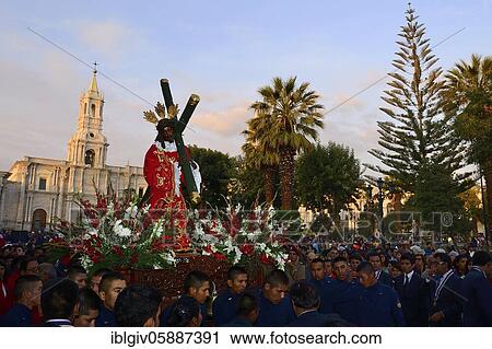 Stock Image - Procession on Palm Sunday at the Plaza de Armas, Arequipa, Peru, South America. Fotosearch