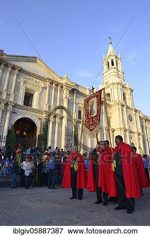 Stock Photo - Procession on Palm Sunday at the Plaza de Armas, Arequipa, Peru, South America. Fotosearch