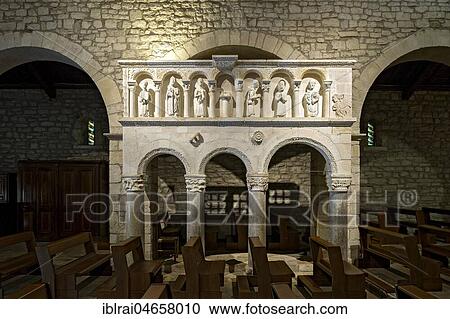 Stock Image - Pulpit with figures in a loggia, pilgrimage church, Chiesa Santa Maria del Canneto, pilgrimage site, Santuario Madonna di Canneto, Roccavivara, Molise, Italy, Europe. Fotosearch