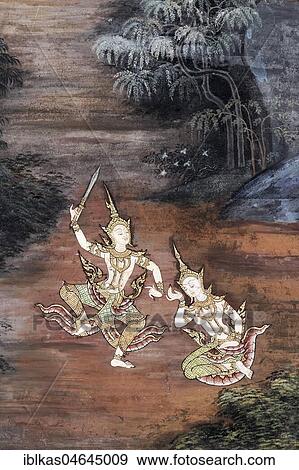 Stock Photo - Rama and Sita, scene from Ramakia, wall painting in Wat Phra Kaeo, Buddhist temple complex, Ko Ratanakosin, Bangkok, Thailand, Asia. Fotosearch