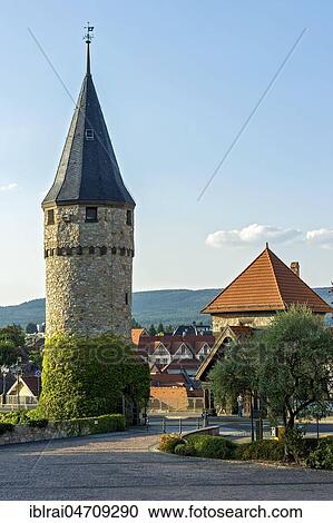 Stock Image - Reconstructed Romanesque witch tower with bridge keeper's house, Old Town, Bad Homburg vor der Höhe, Hesse, Germany, Europe. Fotosearch