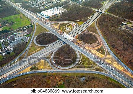 Stock Photo - Reconstruction of motorway intersection Recklinghausen, Kleeblatt-Form, motorway A43 and A2, Recklinghausen, Ruhr area, North Rhine-Westphalia, Germany, Europe. Fotosearch