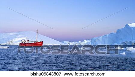 Red boat in front of icebergs at the blue hour, Icefjord, UNESCO World Natural Heritage, Disko Bay, Ilulissat, West Greenland, Greenland, North America View Large Photo Image Stock Photo - Red boat in front of icebergs at the blue hour, Icefjord, UNESCO World Natural Heritage, Disko Bay, Ilulissat, West Greenland, Greenland, North America. Fotosearch