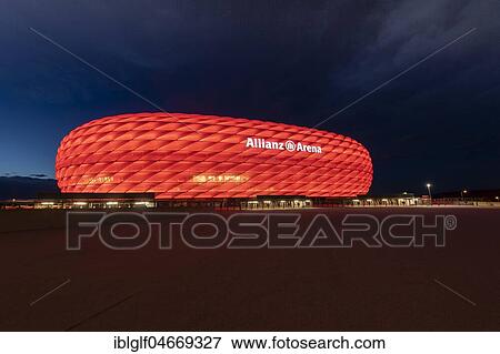 Red illuminated Allianz Arena, Munich, Upper Bavaria, Bavaria, Germany, Europe View Large Photo Image Stock Photo - Red illuminated Allianz Arena, Munich, Upper Bavaria, Bavaria, Germany, Europe. Fotosearch