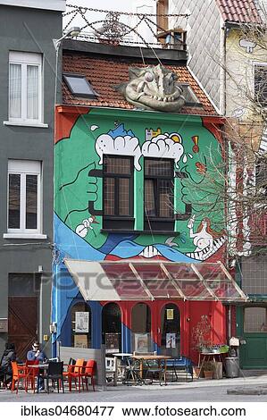 Stock Photo - Restaurant with colourful painted facades at the harbour, Ostend, Belgian coast, West-Flanders, Belgium, Europe. Fotosearch