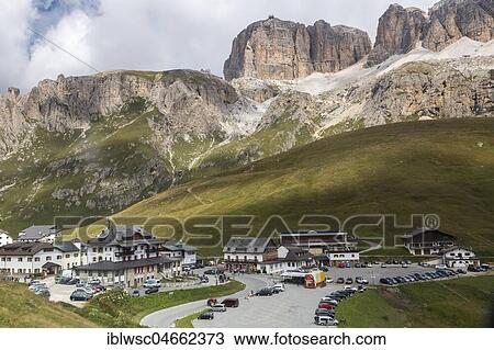 Restaurants and Hotel at the Pordoi Pass, Passo Pardoi with view of the mountain Sass Pordoi, Dolomites, South Tyrol, Italy, Europe View Large Photo Image Stock Image - Restaurants and Hotel at the Pordoi Pass, Passo Pardoi with view of the mountain Sass Pordoi, Dolomites, South Tyrol, Italy, Europe. Fotosearch
