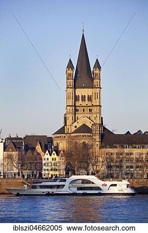 Rhine with excursion ship and church Groß Sankt Martin, Old Town, Cologne, North Rhine-Westphalia, Germany, Europe View Large Photo Image Stock Photography - Rhine with excursion ship and church Groß Sankt Martin, Old Town, Cologne, North Rhine-Westphalia, Germany, Europe. Fotosearch