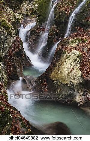 Stock Image - River course of the Lepenica river in autumn, Lepena, Slovenia, Europe. Fotosearch